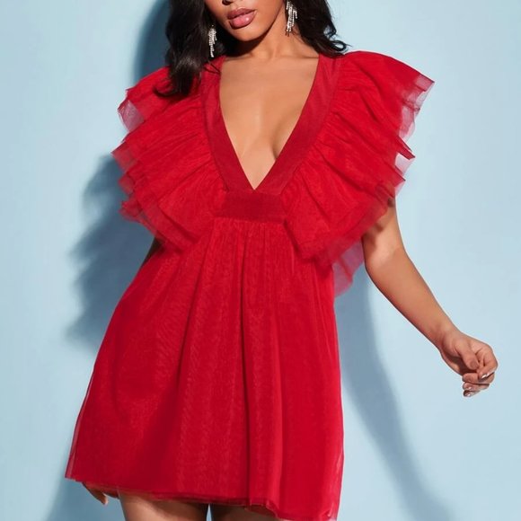MODA ME COUTURE Dresses & Skirts - Red Plunging Neckline Ruffle detailed Mesh Overlayed holiday party mini Dress